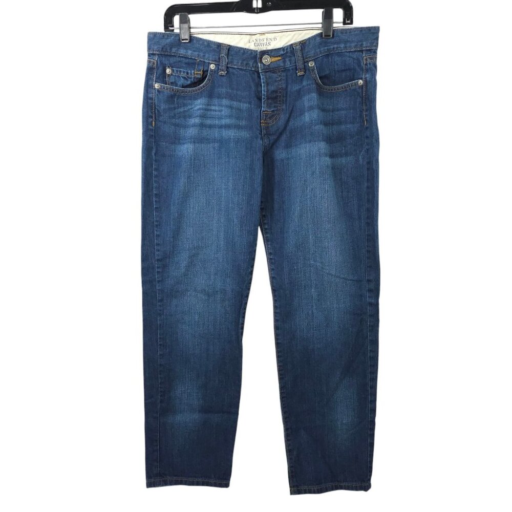 Lands End Canvas Boyfriend Fit Jeans Womens Size 31 Button Fly Medium Wash Denim